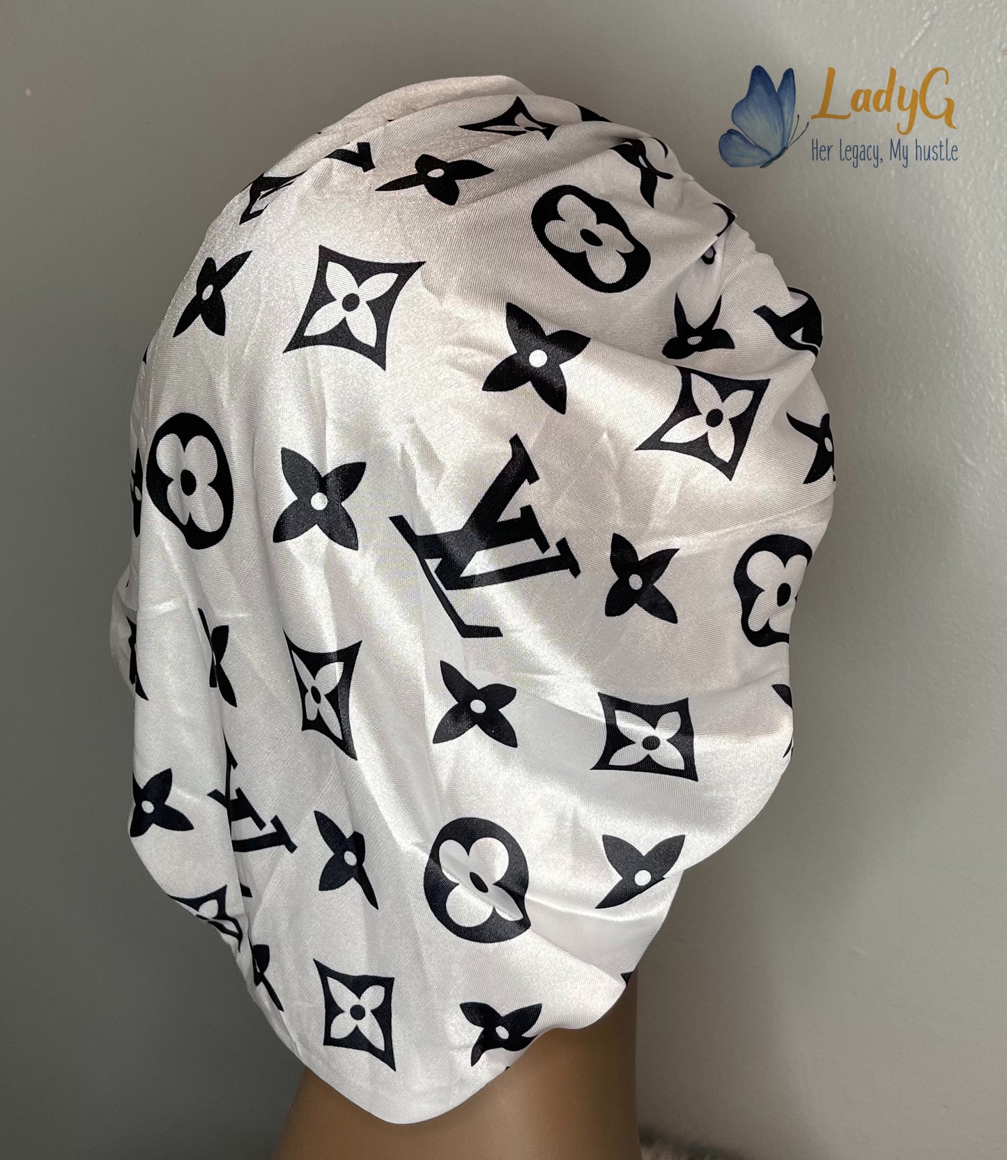 BLUE AND WHITE LV INSPIRED BONNET – THE RAG LADY